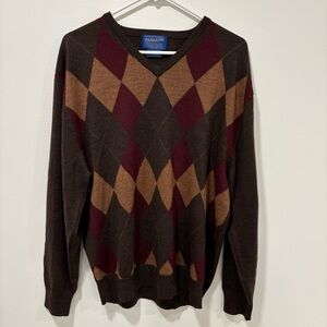 Pendleton Merino Wool Mens Sweater V-neck Plaid Argyle Brown Yellow Maroon